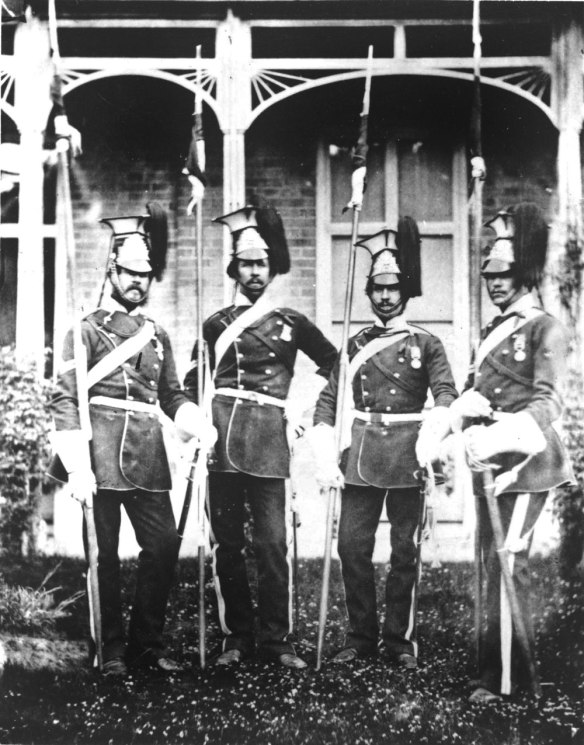 17th Lancers, 1855. From left to right: Thomas Smith - William Dimmock - William Pearson - Thomas Foster. (Royal Collection, Windsor)